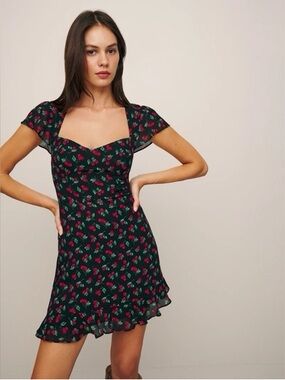 Reformation Mini Dress in Black with Cherry Print